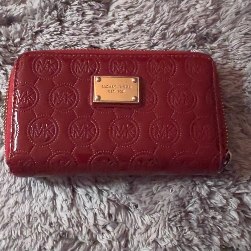 Michael Kors Red Patent Embossed Zip Wallet with Gold Plaque